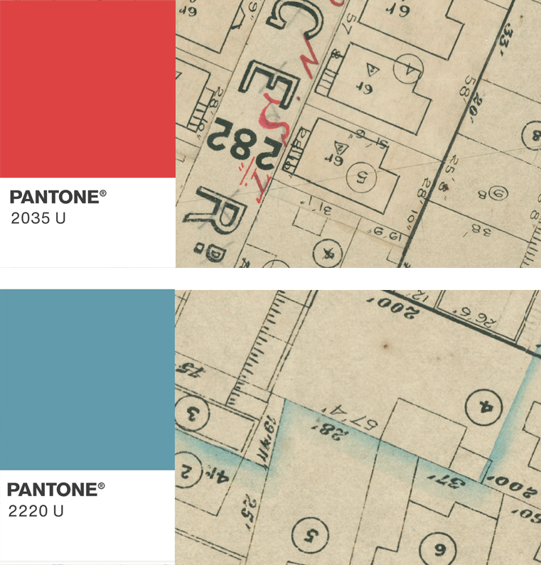 pantone swatches in 2035U and 2220U and corresponding map mark ups in colour